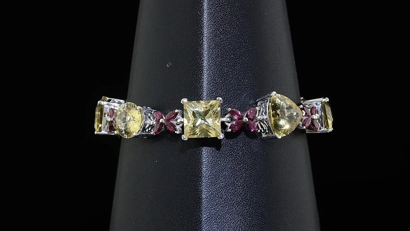 D'Joy Yellow Labradorite, Ouro Fino Rubellite Bracelet in Rhodium Over Sterling Silver (6.50 In) 28.30 ctw