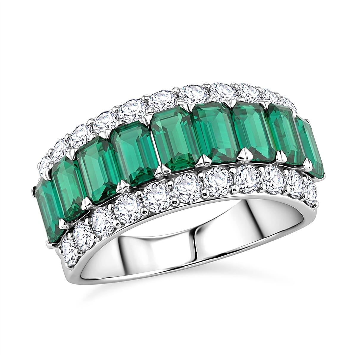 Lab Grown Emerald and Lab Grown Diamond SI1 3.10 ctw Ring in Sterling Silver (Size 6.0)