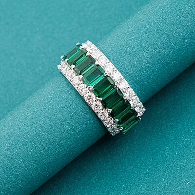 Lab Grown Emerald and Lab Grown Diamond SI1 3.10 ctw Ring in Sterling Silver (Size 6.0)