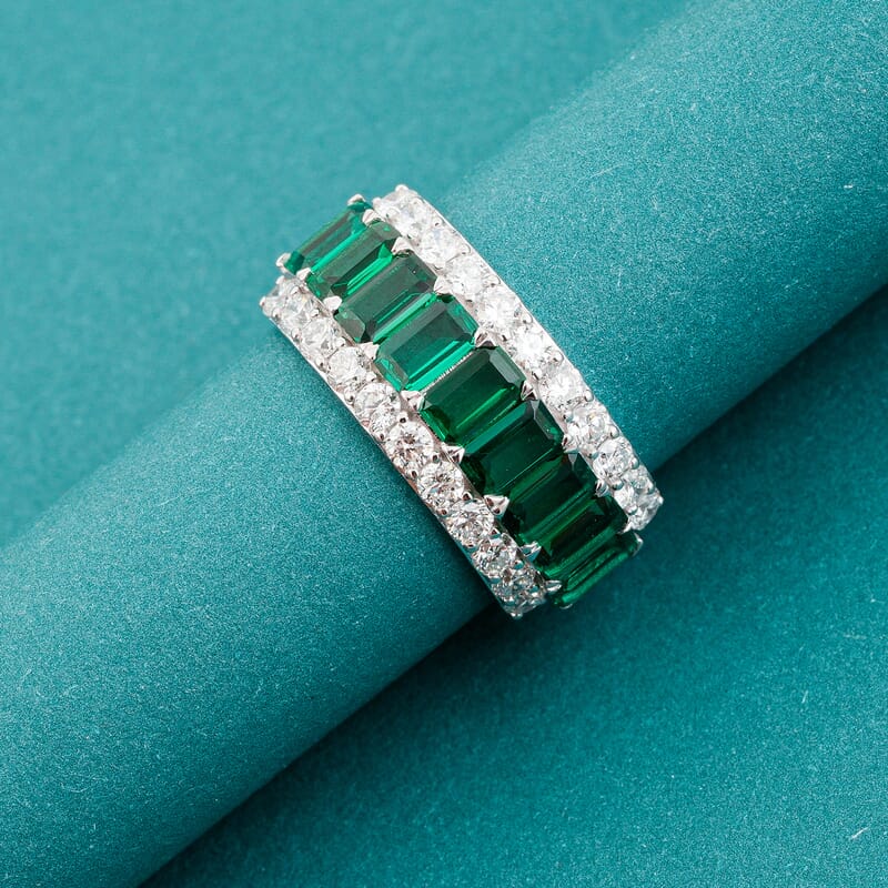 Lab Grown Emerald and Lab Grown Diamond SI1 3.10 ctw Ring in Sterling Silver (Size 6.0)