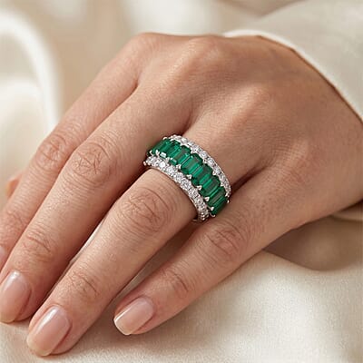 Lab Grown Emerald and Lab Grown Diamond SI1 3.10 ctw Ring in Sterling Silver (Size 6.0)