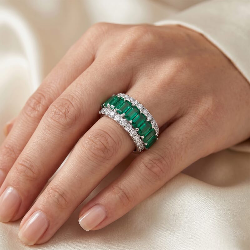 Lab Grown Emerald and Lab Grown Diamond SI1 3.10 ctw Ring in Sterling Silver (Size 6.0)