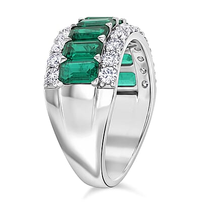 Lab Grown Emerald and Lab Grown Diamond SI1 3.10 ctw Ring in Sterling Silver (Size 6.0)
