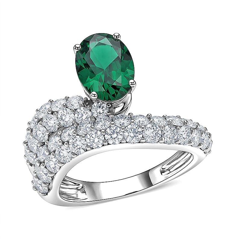 Lab Grown Emerald and Lab Grown Diamond G-H SI1 3.36 ctw Ring in Sterling Silver (Size 6.0)