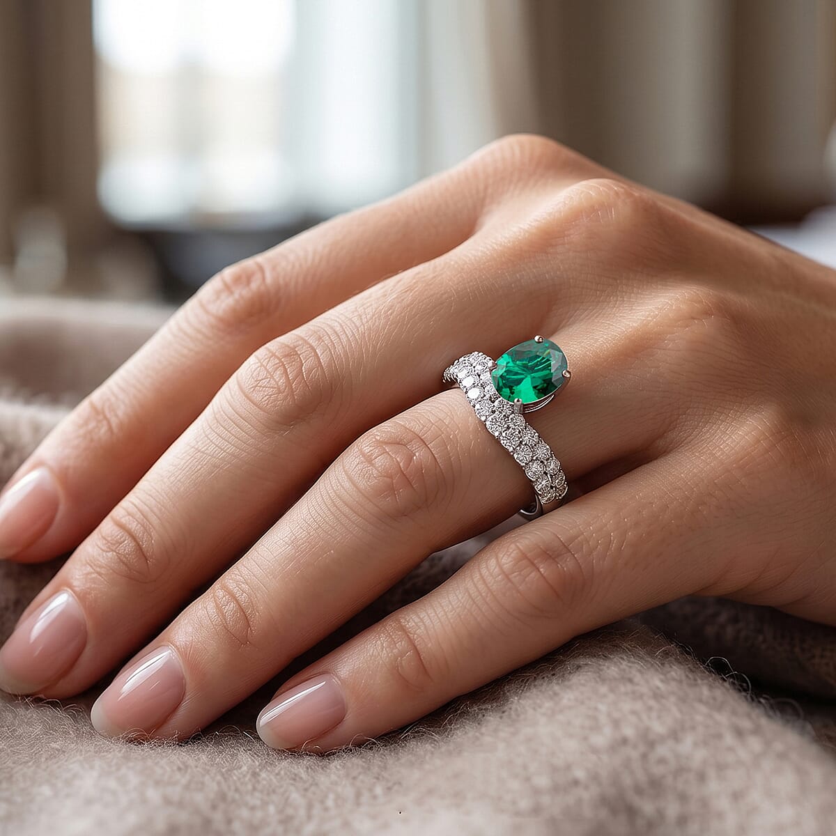 Lab Grown Emerald and Lab Grown Diamond G-H SI1 3.36 ctw Ring in Sterling Silver (Size 6.0) image number 2