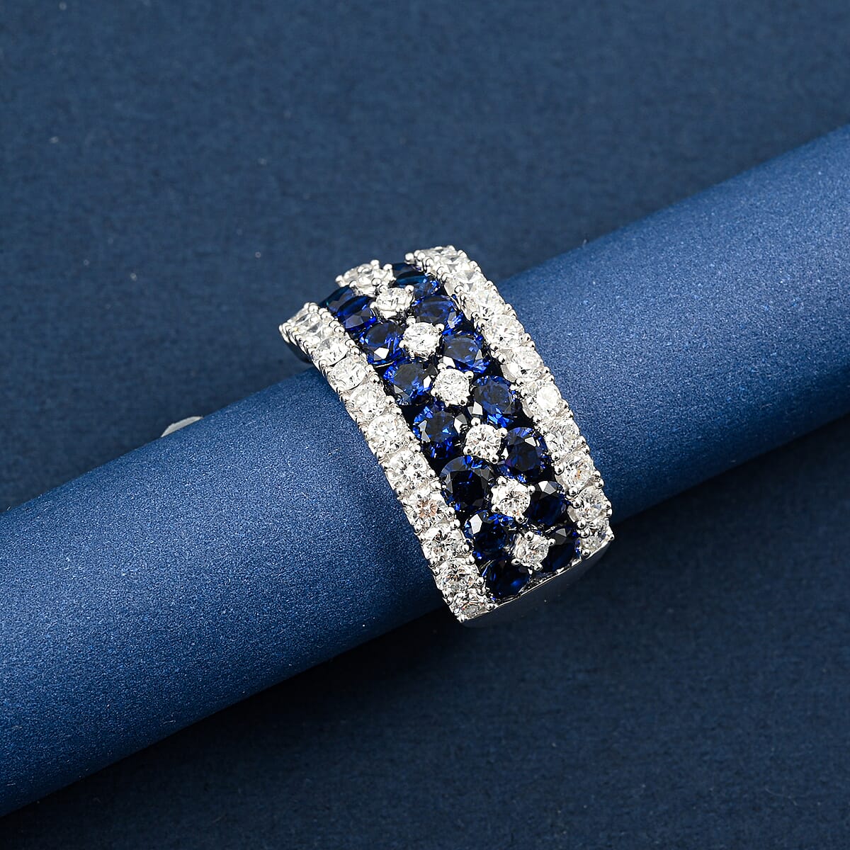 Lab Created Blue Sapphire and Luxuriant Lab Grown Diamond SI1 3.85 ctw Ring Sterling Silver (Size 8.0) image number 1