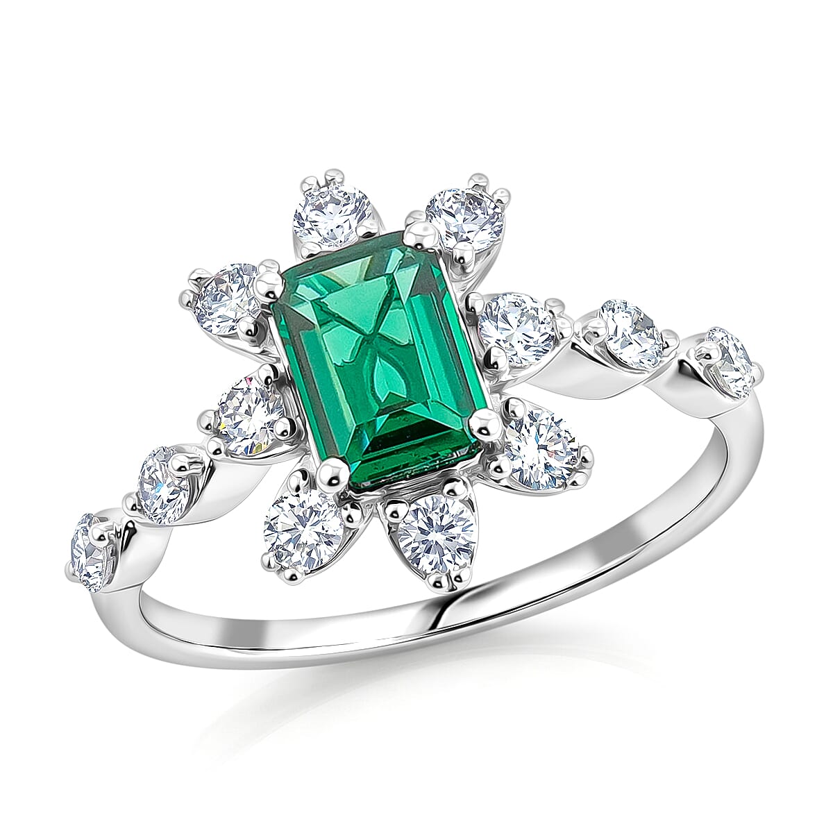 Lab Grown Emerald and Lab Grown Diamond SI1 1.40 ctw Starburst Collection Ring in Sterling Silver (Size 6.0)
