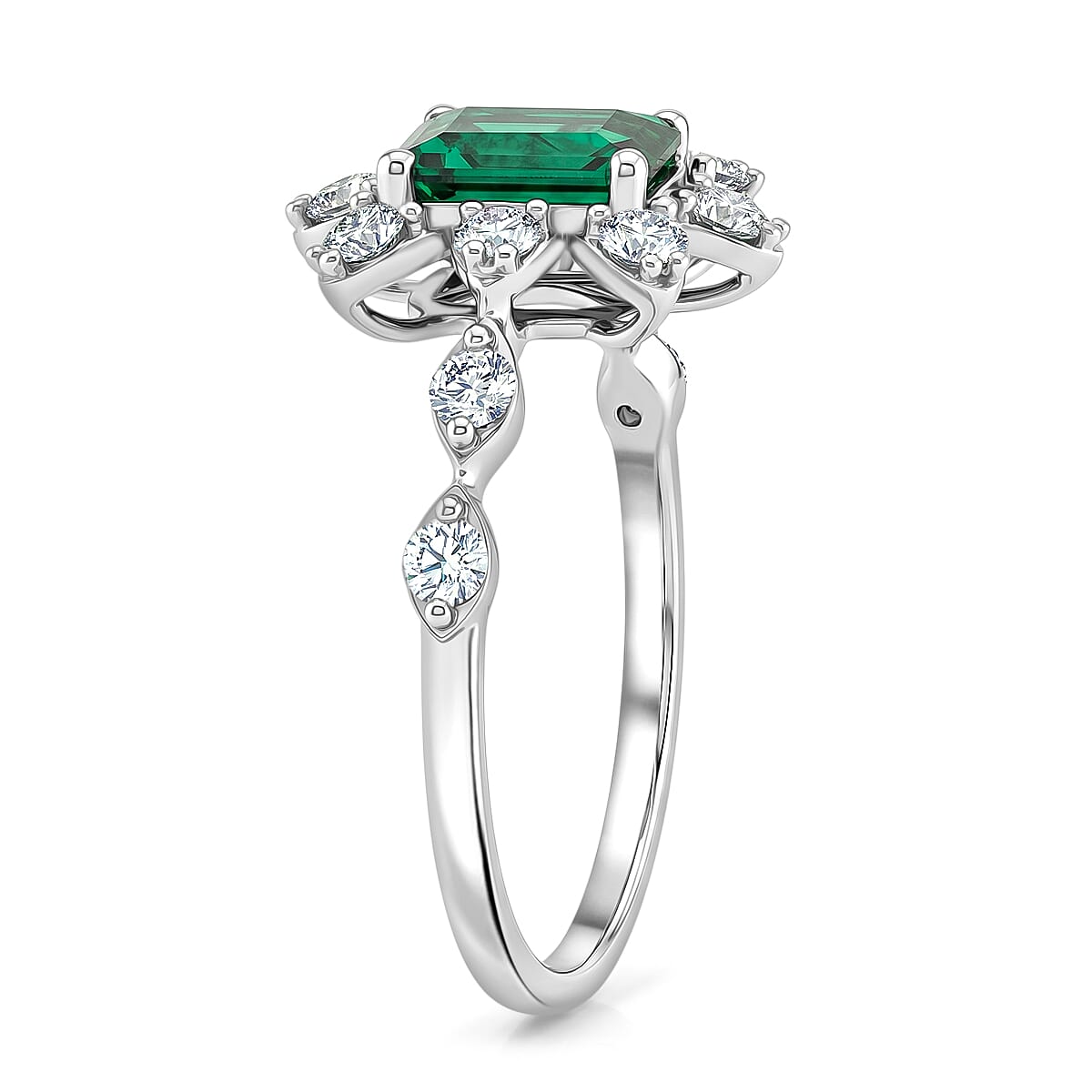 Lab Grown Emerald and Lab Grown Diamond SI1 1.40 ctw Starburst Collection Ring in Sterling Silver (Size 6.0)