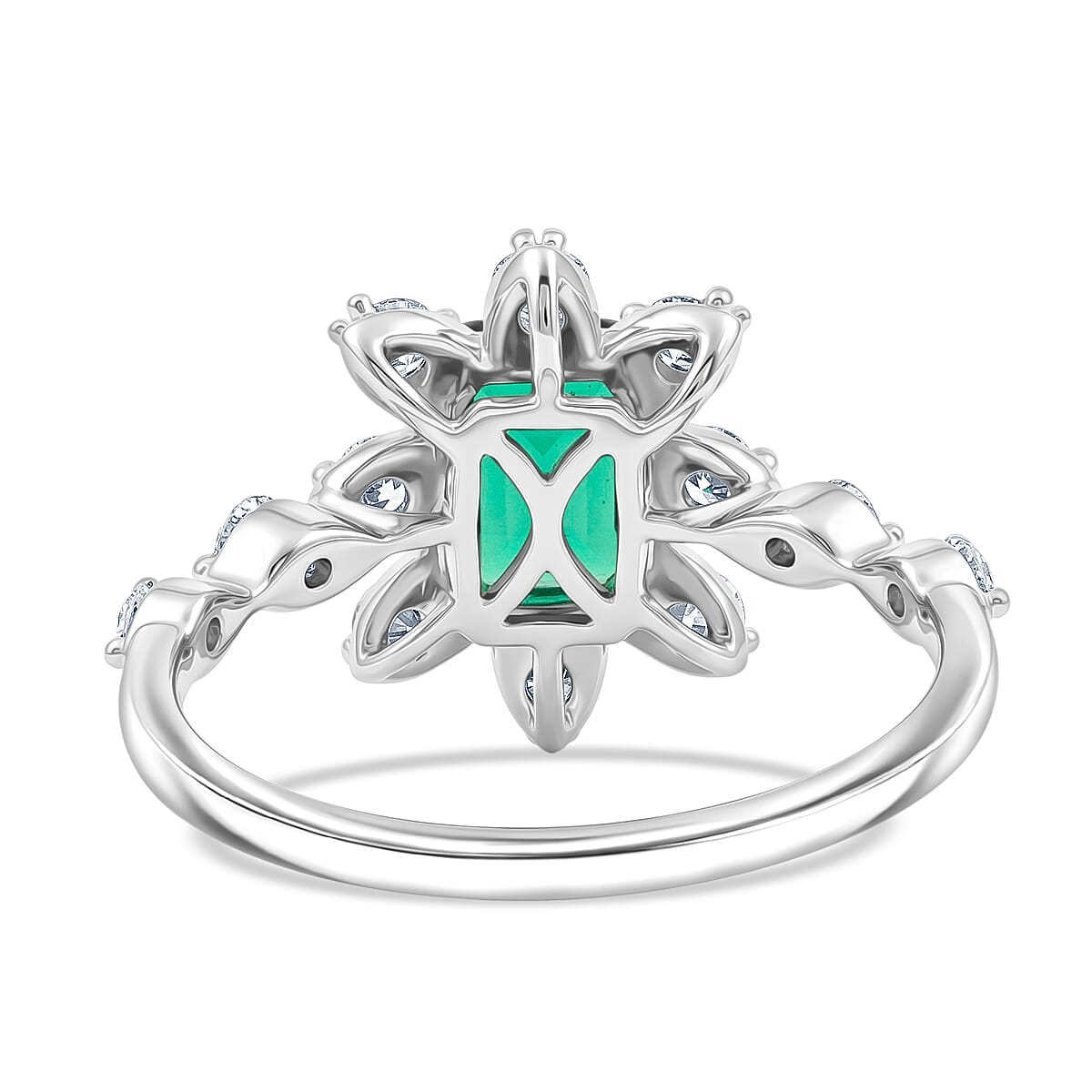 Lab Grown Emerald and Lab Grown Diamond SI1 1.40 ctw Starburst Collection Ring in Sterling Silver (Size 6.0)