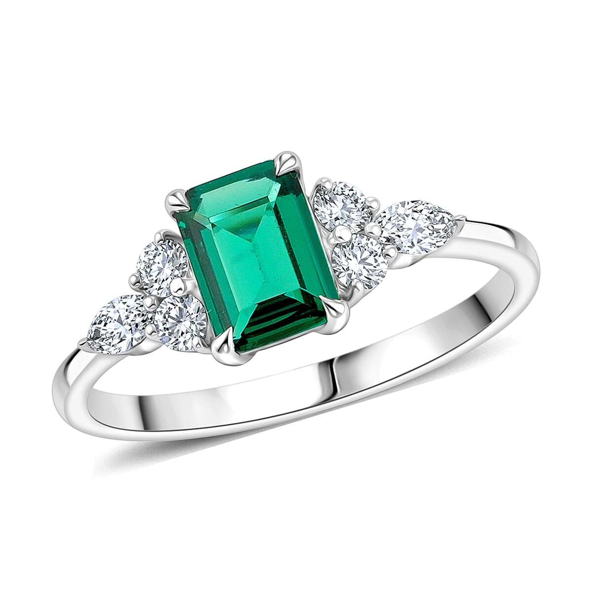 Lab Grown Emerald and Lab Grown Diamond SI1 1.15 ctw Ring in Sterling Silver (Size 6.0)