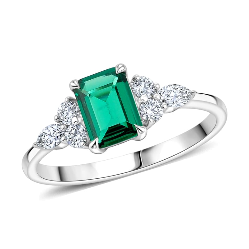 Lab Grown Emerald and Lab Grown Diamond SI1 1.15 ctw Ring in Sterling Silver (Size 6.0)