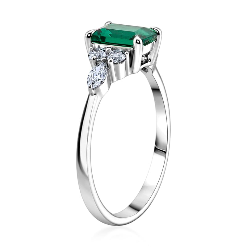 Lab Grown Emerald and Lab Grown Diamond SI1 1.15 ctw Ring in Sterling Silver (Size 6.0)