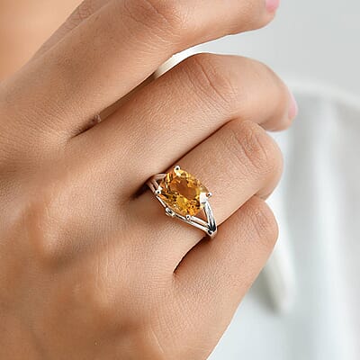 D'Joy Brazilian Citrine and White Zircon 3.80 ctw Solitaire Ring in Rhodium Over Sterling Silver (Size 9.0)
