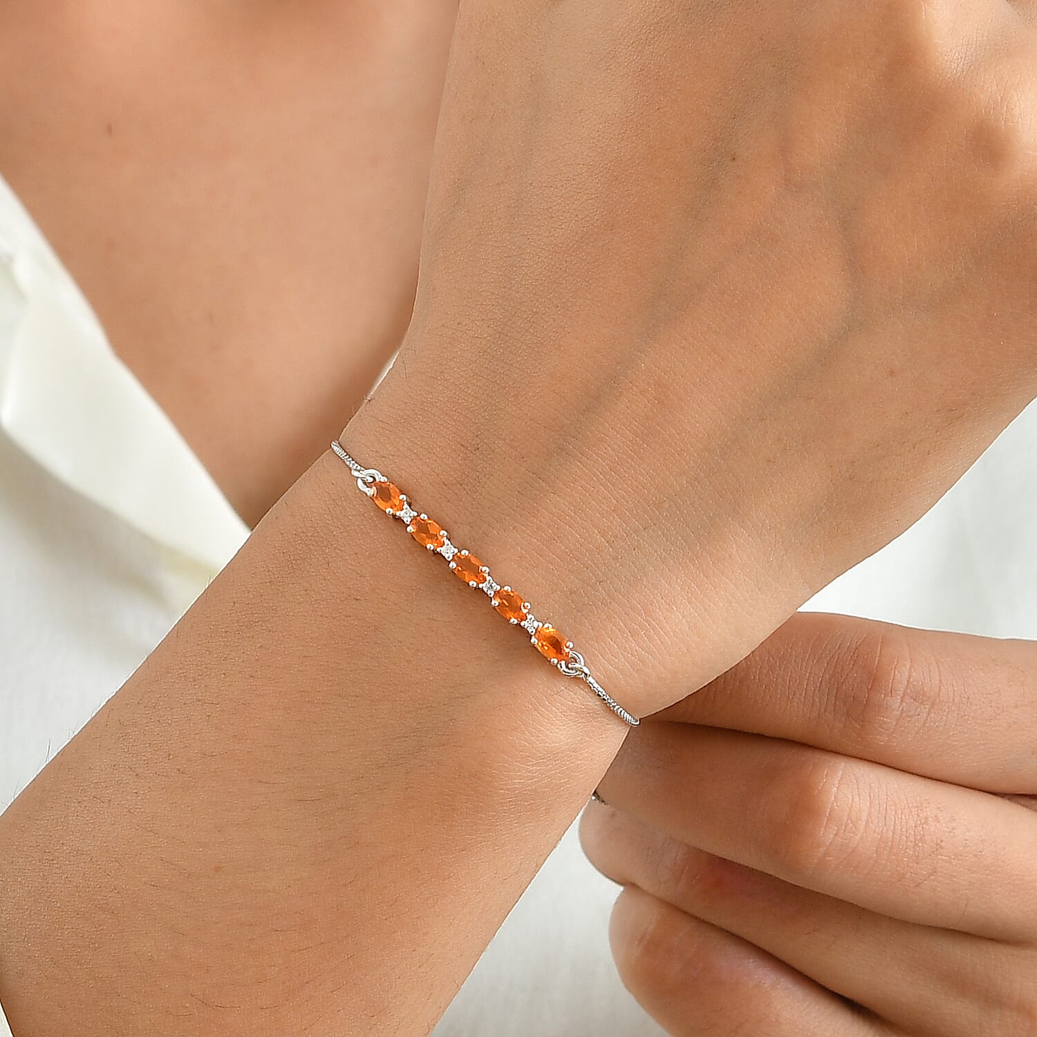 D'Joy Fire Opal and White Zircon 0.65 ctw Bolo Bracelet in Rhodium Over Sterling Silver
