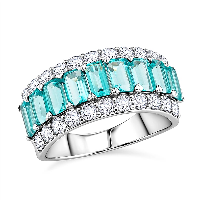 Lab Grown Paraiba Sapphire and Lab Grown Diamond (SI1)  7.0)  3.58 ctw Ring in Sterling Silver (Size 10.0)