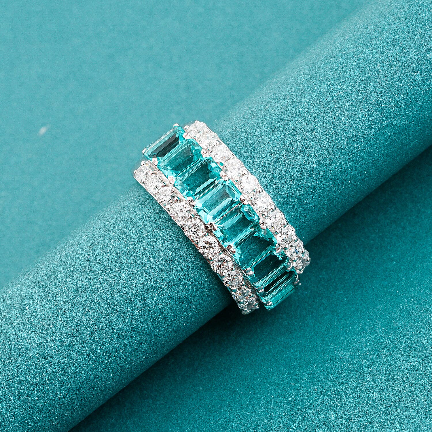 Lab Grown Paraiba Sapphire and Lab Grown Diamond (SI1)  7.0)  3.58 ctw Ring in Sterling Silver (Size 10.0)