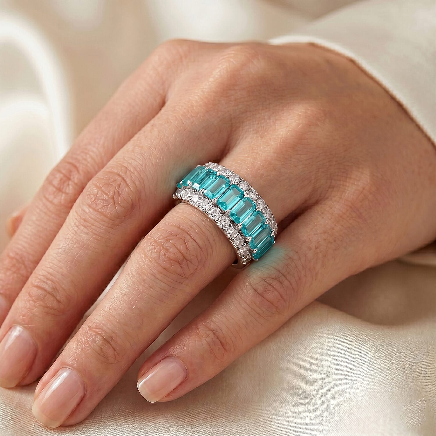 Lab Grown Paraiba Sapphire and Lab Grown Diamond (SI1)  7.0)  3.58 ctw Ring in Sterling Silver (Size 10.0)