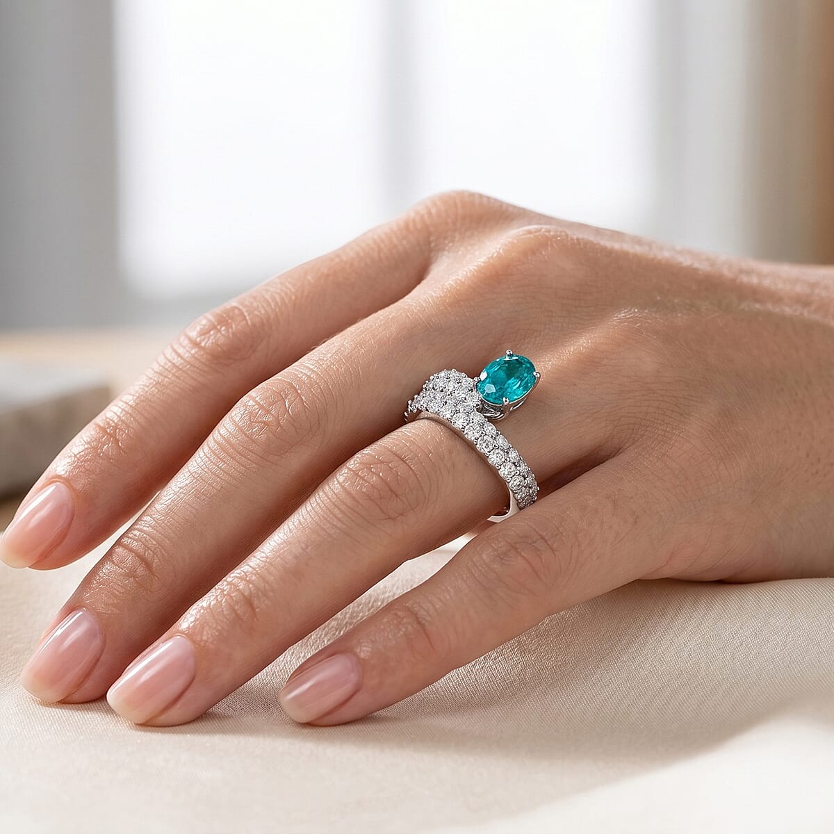 Lab Grown Paraiba Tourmaline and Lab Grown Diamond G-H SI1 3.40 ctw Ring in Sterling Silver (Size 6.0) image number 2