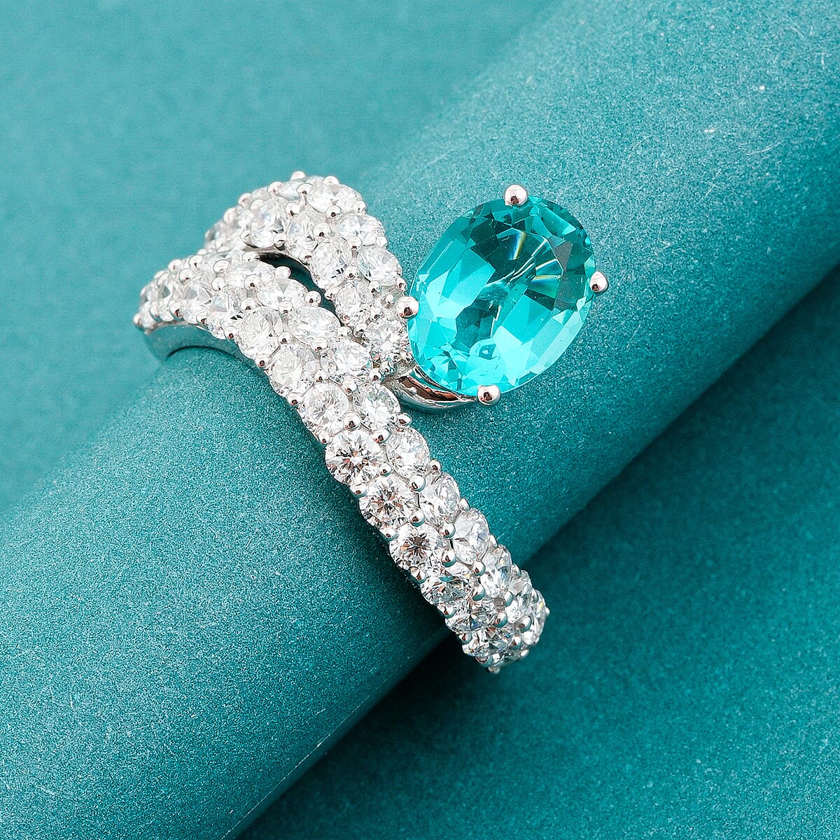 Lab Grown Paraiba Sapphire and Lab Grown Diamond G-H SI1 3.40 ctw Ring in Sterling Silver (Size 7.0) image number 1