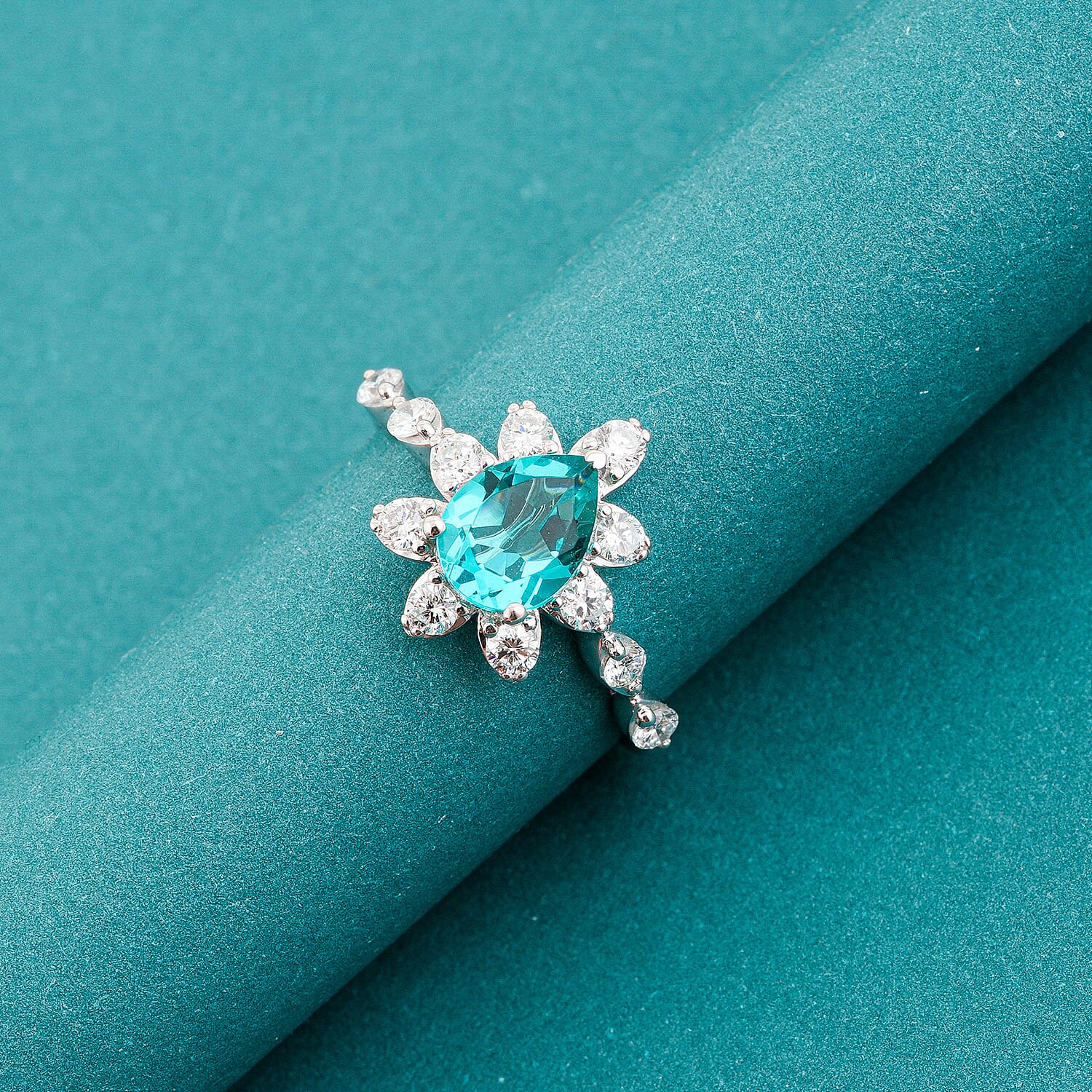 Lab Grown Paraiba Sapphire and Lab Grown Diamond SI1 1.48 ctw Floral Ring in Sterling Silver (Size 7.0)