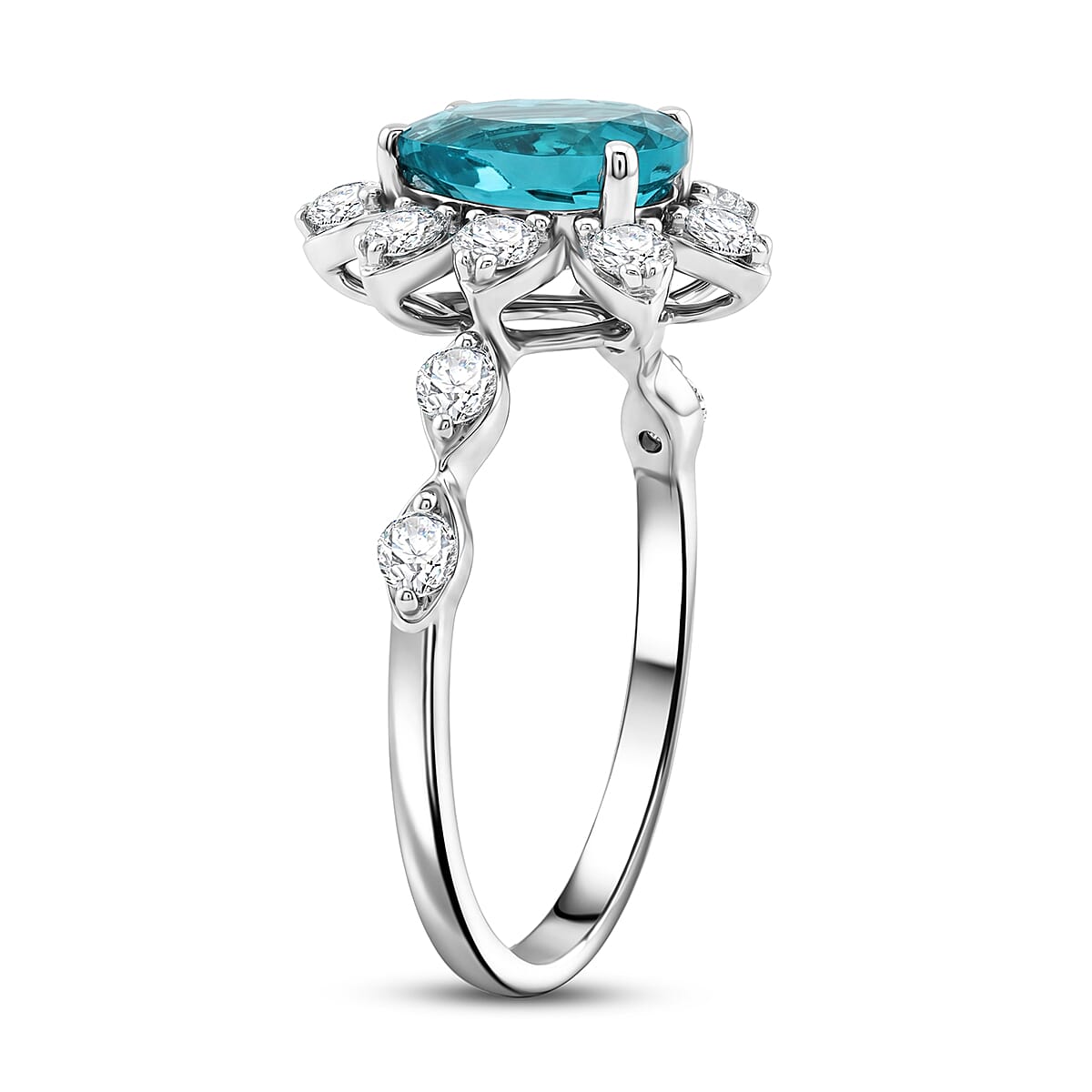 Lab Grown Paraiba Sapphire and Lab Grown Diamond SI1 1.48 ctw Floral Ring in Sterling Silver (Size 7.0)