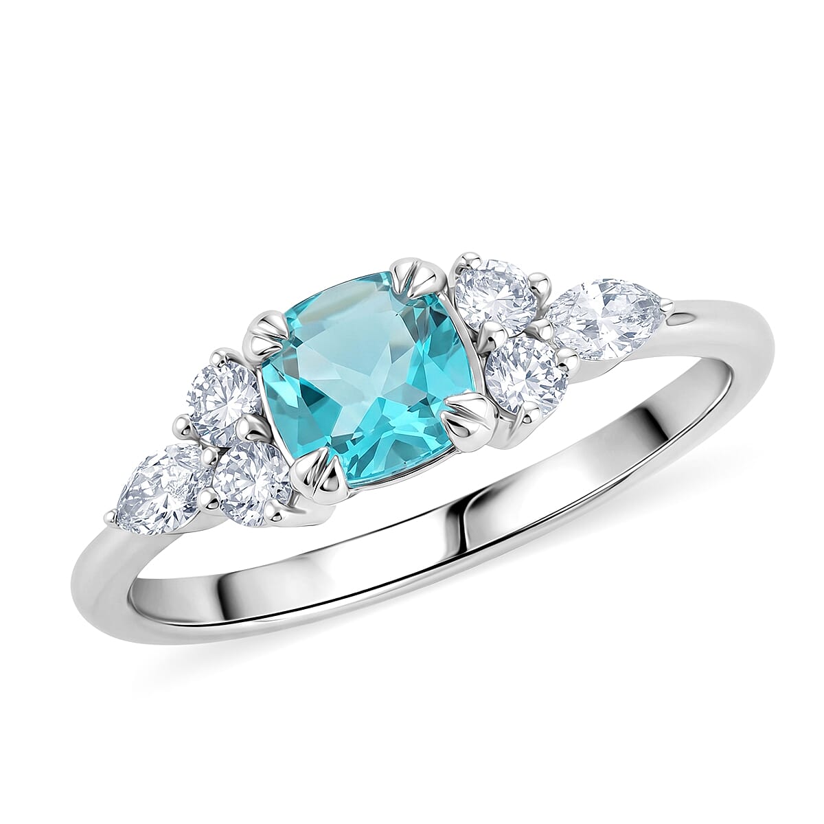 Lab Grown Paraiba Sapphire and Lab Grown Diamond SI1 0.95 ctw Ring in Sterling Silver (Size 6.0)