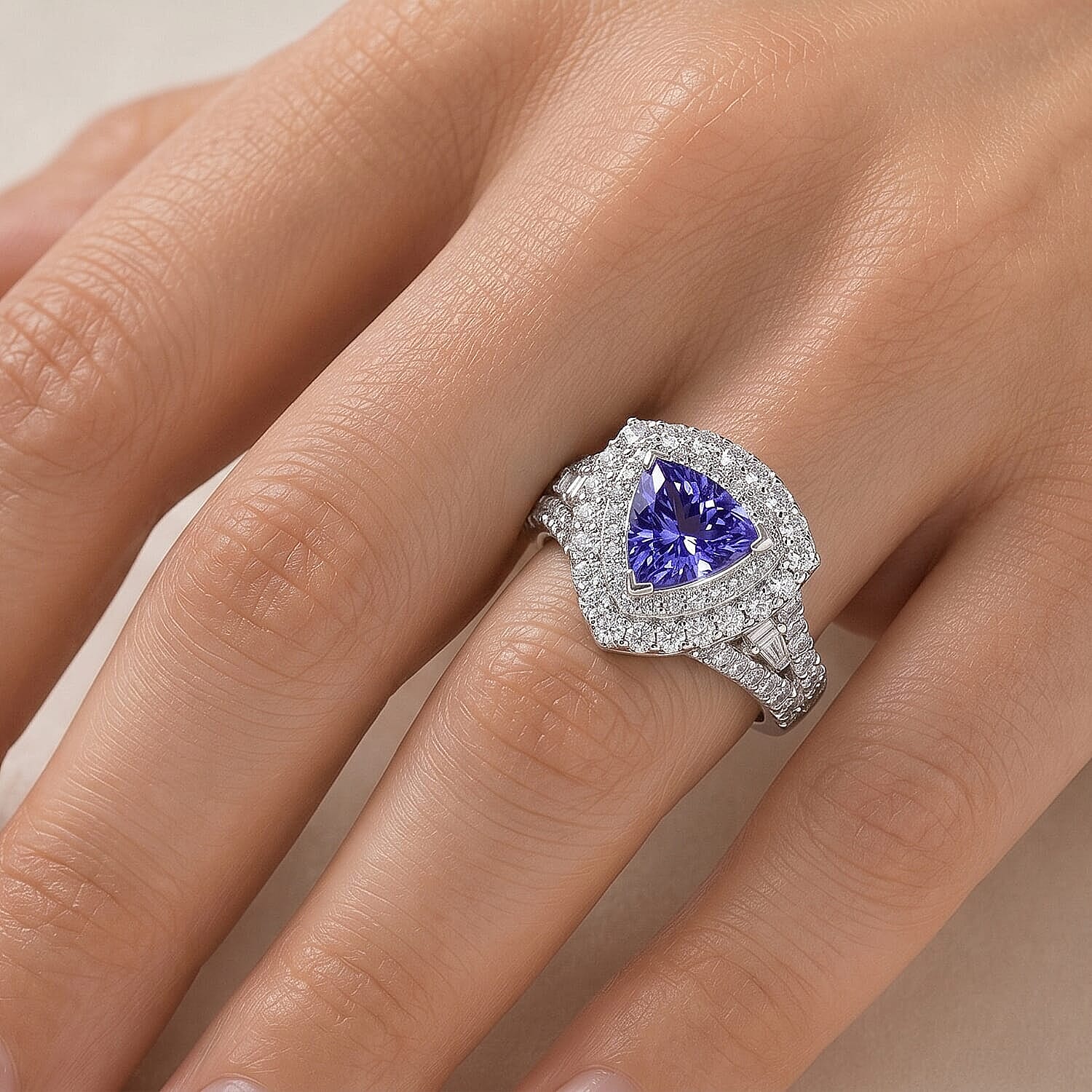 Certified and Appraised D'Joy Premium Tanzanite and Moissanite 2.00 ctw Ring in Rhodium Over Sterling Silver (Size 10.0)