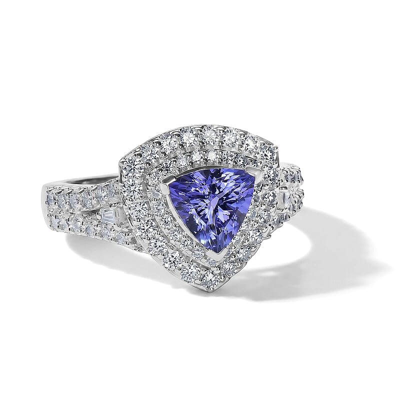 Certified and Appraised D'Joy Premium Tanzanite and Moissanite 2.00 ctw Ring in Rhodium Over Sterling Silver (Size 5.0)