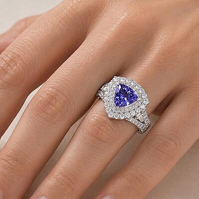 Certified and Appraised D'Joy Premium Tanzanite and Moissanite 2.00 ctw Ring in Rhodium Over Sterling Silver (Size 5.0)