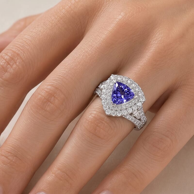 Certified and Appraised D'Joy Premium Tanzanite, Moissanite Ring in Rhodium Over Sterling Silver (Size 5.0) 2.00 ctw..