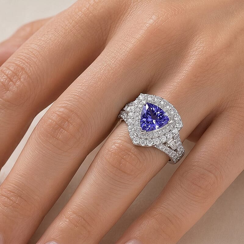 Certified and Appraised D'Joy Premium Tanzanite and Moissanite 2.00 ctw Ring in Rhodium Over Sterling Silver (Size 5.0)
