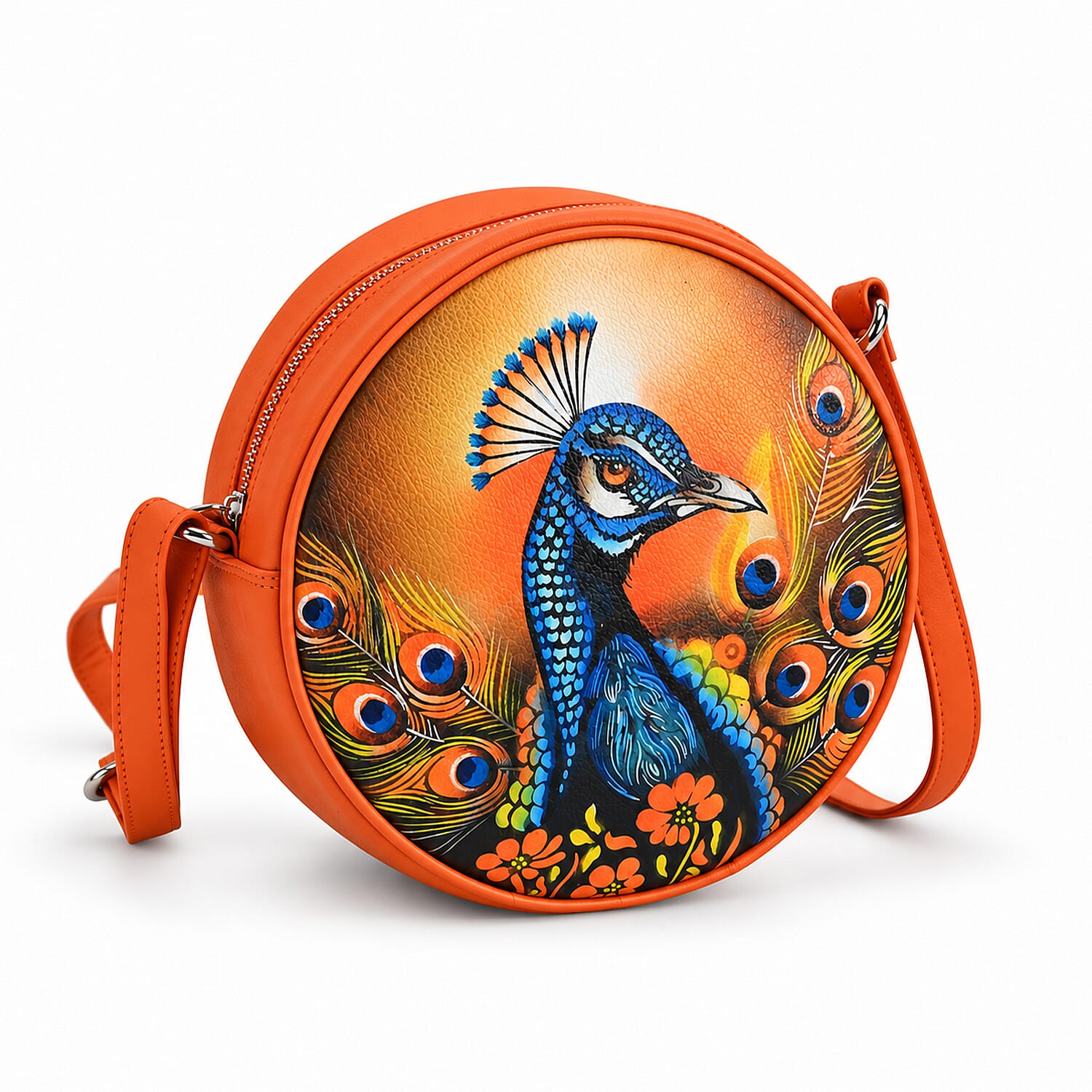 La Marey Tan Peacock Print Genuine Leather Handbag (8.25x8.25x2.5)
