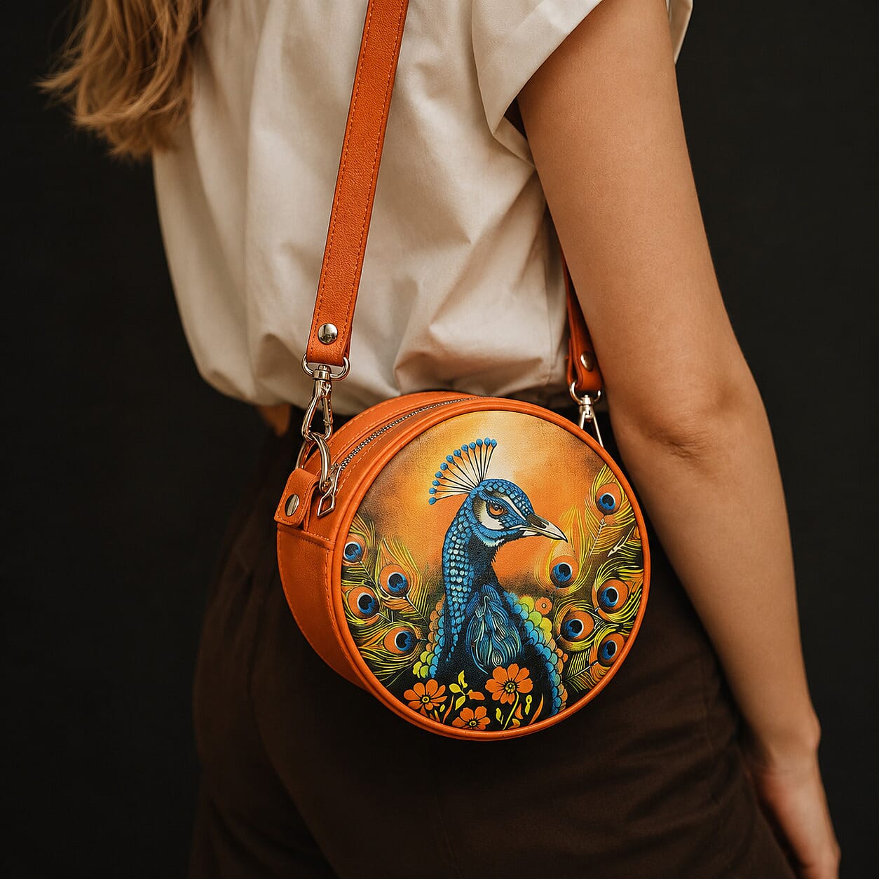 La Marey Tan Peacock Print Genuine Leather Handbag (8.25x8.25x2.5)