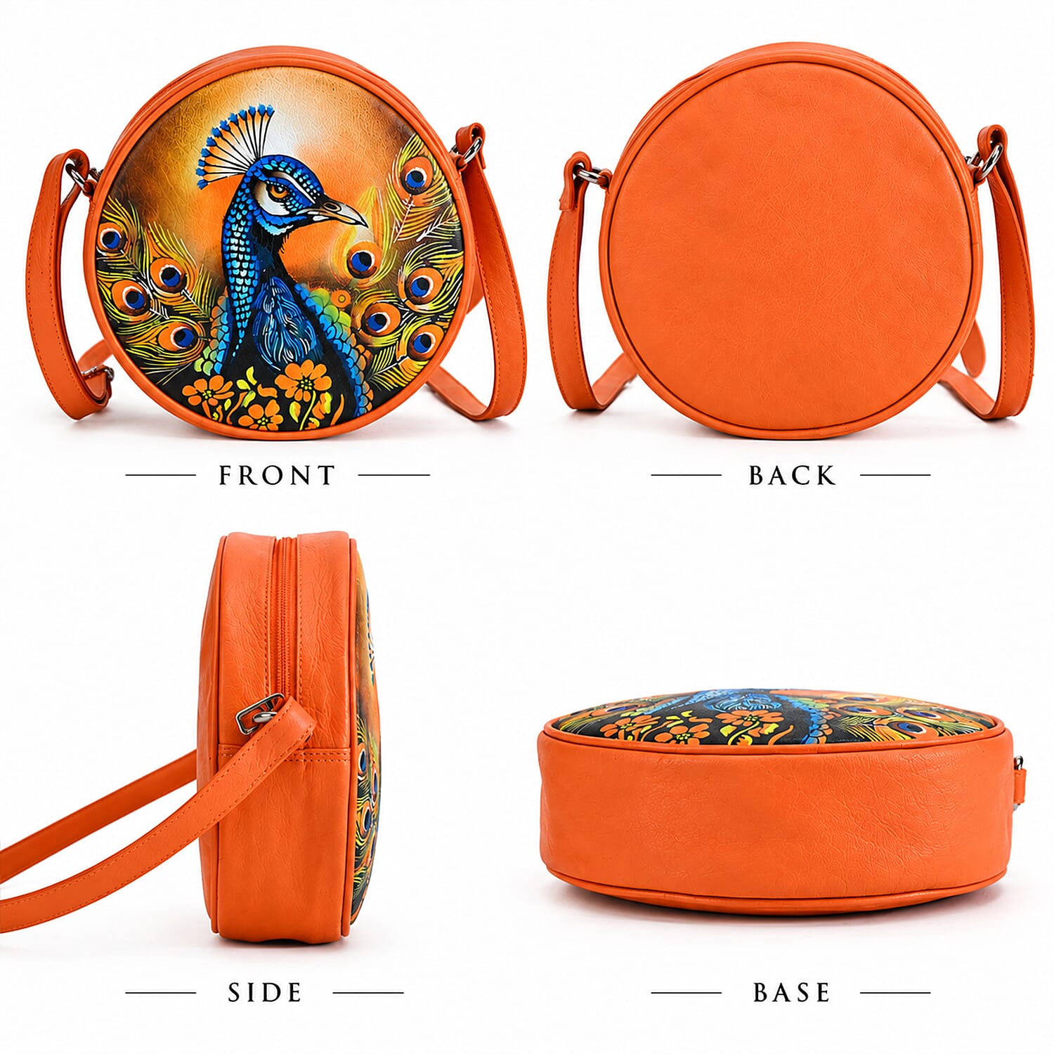 La Marey Tan Peacock Print Genuine Leather Handbag (8.25x8.25x2.5)
