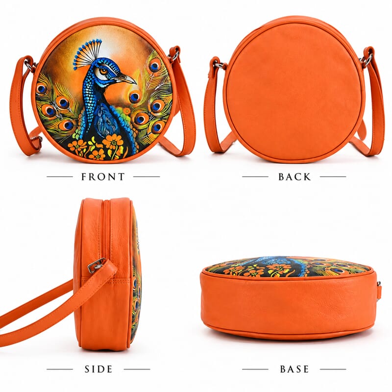 La Marey Tan Peacock Print Genuine Leather Handbag (8.25x8.25x2.5)
