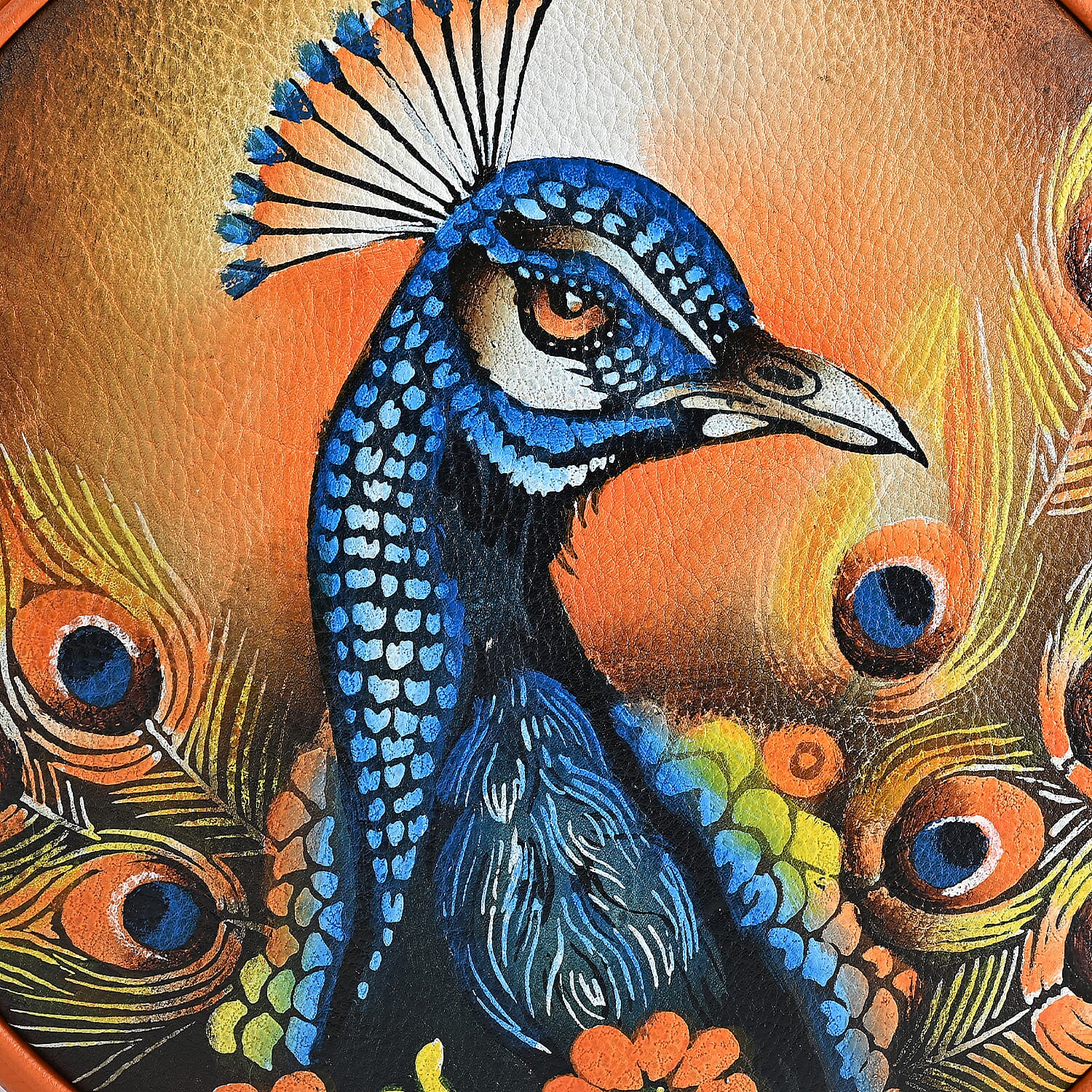 La Marey Tan Peacock Print Genuine Leather Handbag (8.25x8.25x2.5)