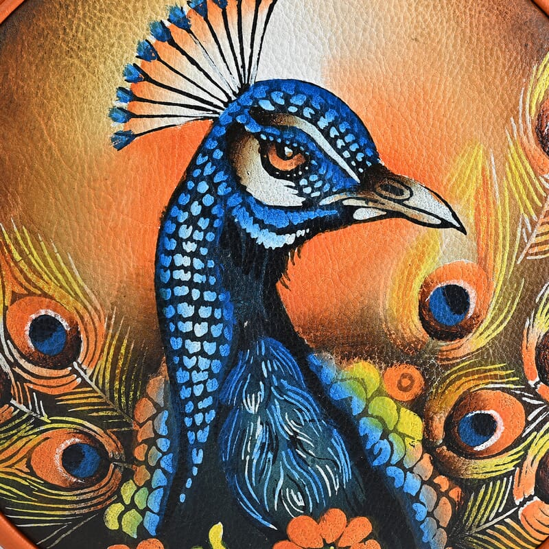 La Marey Tan Peacock Print Genuine Leather Handbag (8.25x8.25x2.5)