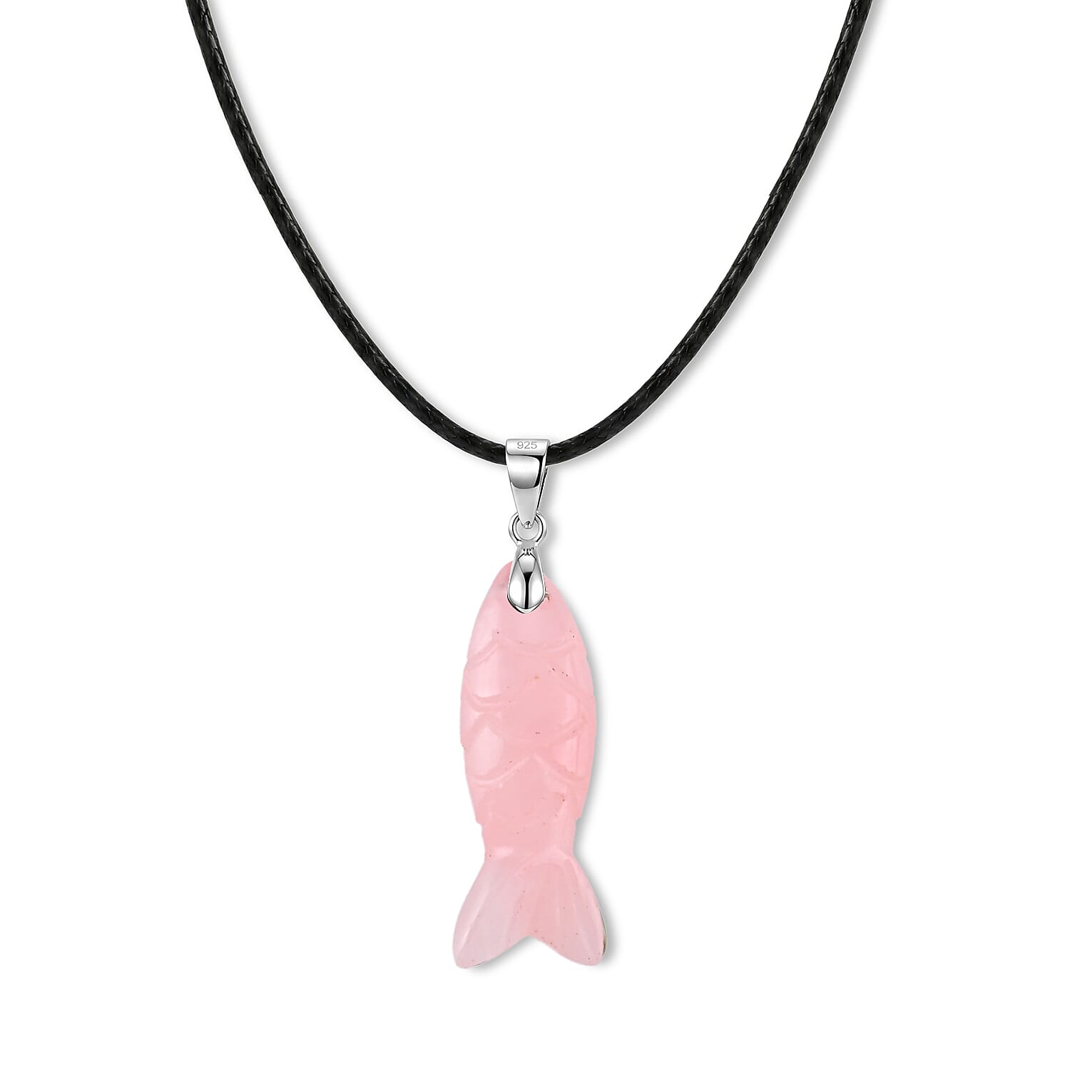 Rose Quartz Fish 25.00 ctw Black Cord Necklace in Silvertone (18-19.5 Inches)