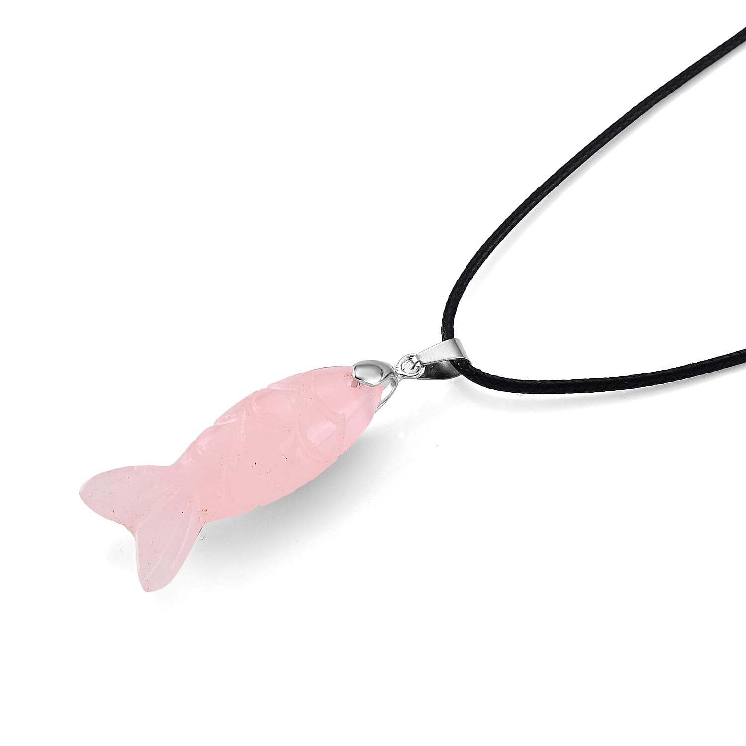 Rose Quartz Fish 25.00 ctw Black Cord Necklace in Silvertone (18-19.5 Inches)
