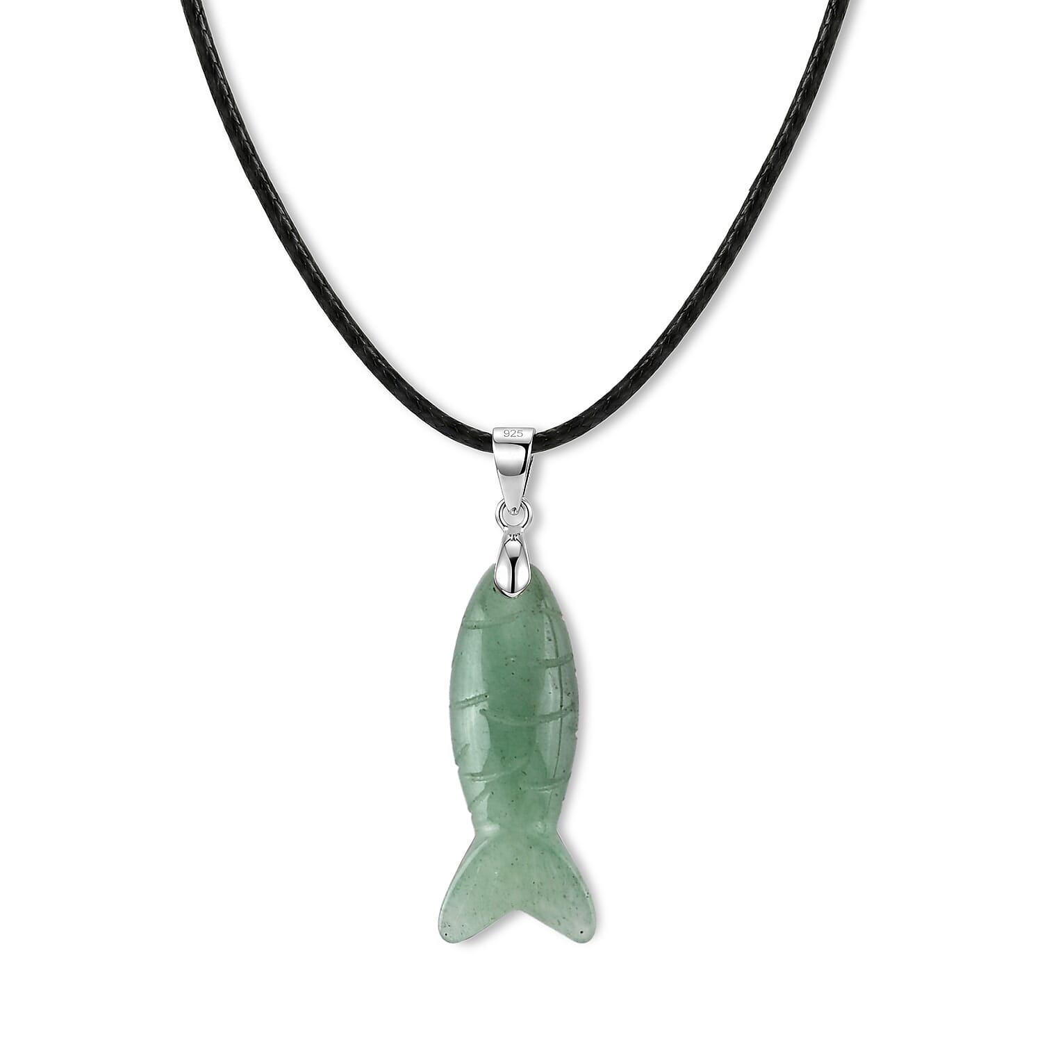 Green Aventurine Fish 25.00 ctw Black Cord Necklace in Silvertone (18-19.5 Inches)