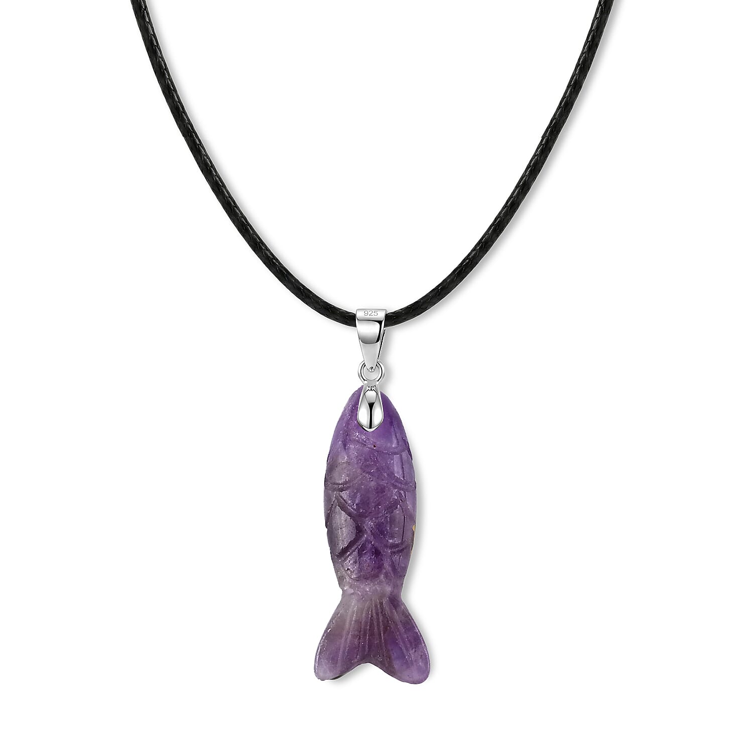 Amethyst Fish 25.00 ctw Black Cord Necklace in Silvertone (18-19.5 Inches)