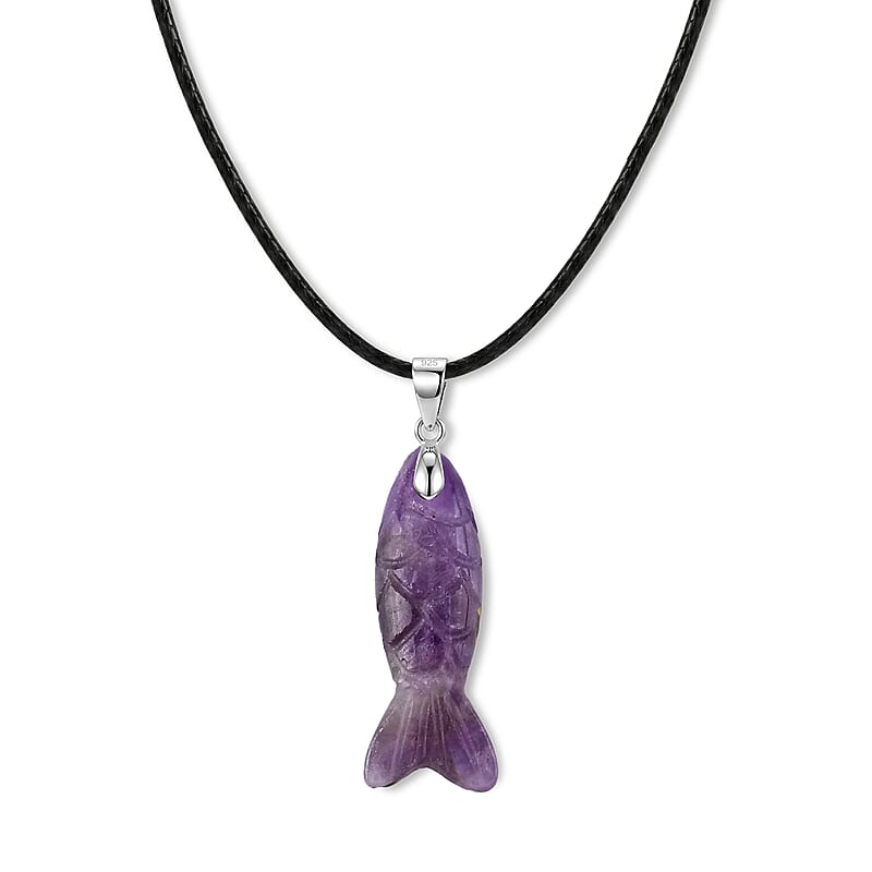 Amethyst Fish 25.00 ctw Black Cord Necklace in Silvertone (18-19.5 Inches)