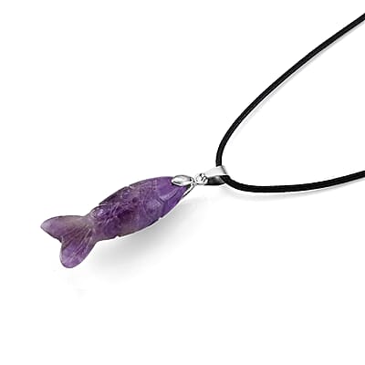 Amethyst Fish 25.00 ctw Black Cord Necklace in Silvertone (18-19.5 Inches)