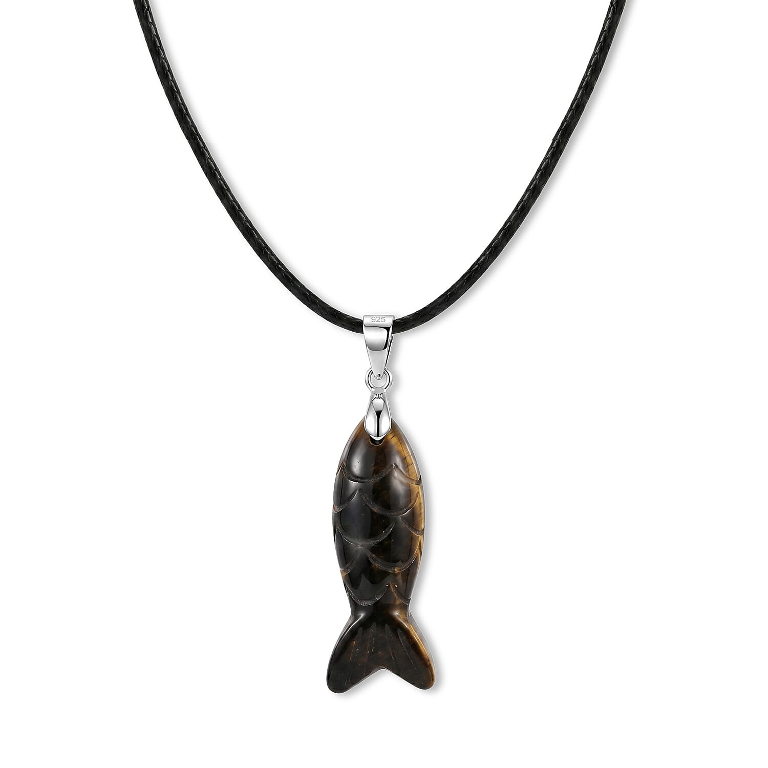 Yellow Tiger Eye Fish 25.00 ctw Black Cord Necklace in Silvertone (18-19.5 Inches)