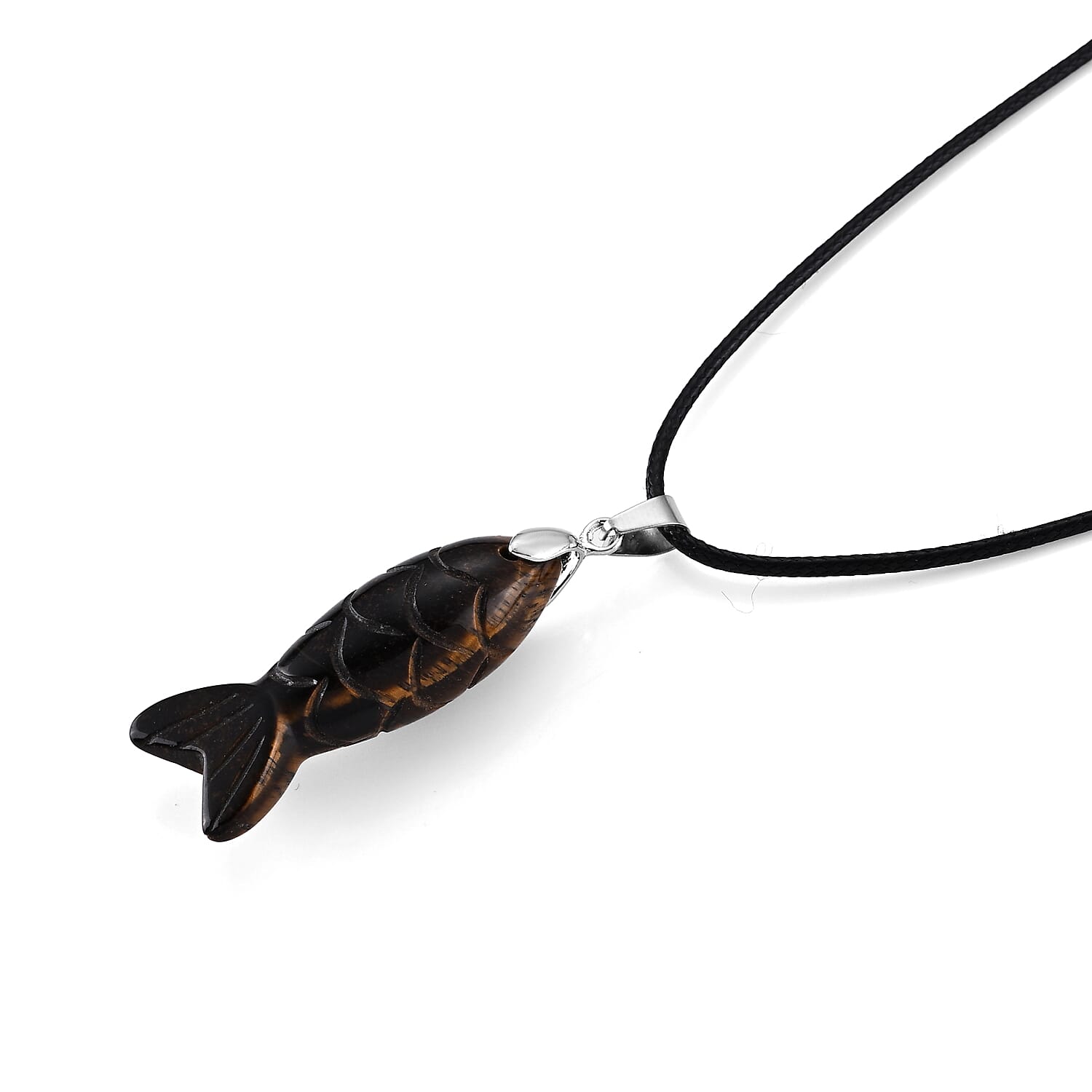 Yellow Tiger Eye Fish 25.00 ctw Black Cord Necklace in Silvertone (18-19.5 Inches)