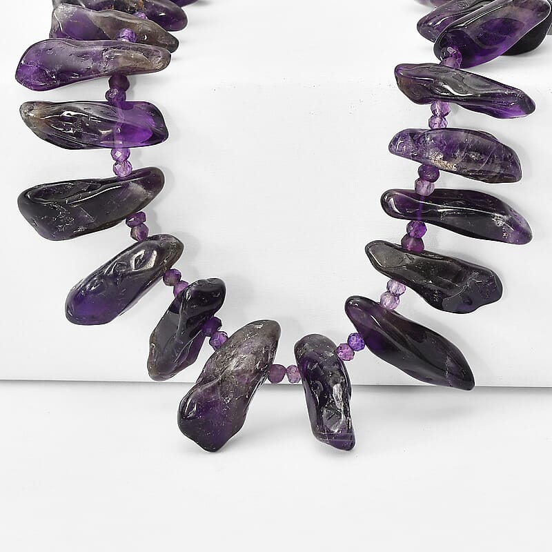 EverTrue African Amethyst 490.00 ctw Chips and Beaded Necklace (20 Inches) in Platinum Bond