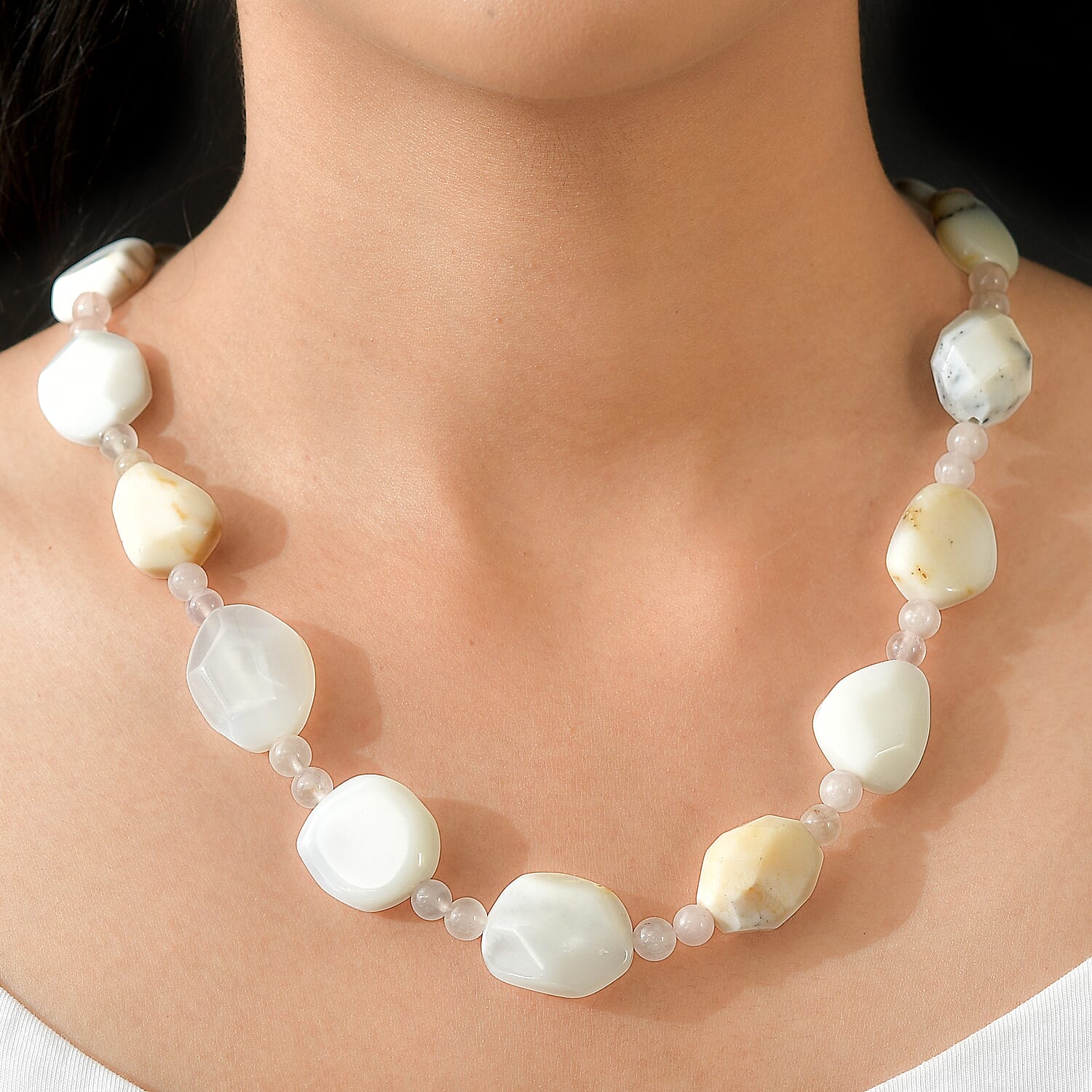 EverTrue White Opal Tumble and Galilea Rose Quartz 360.00 ctw Beaded Necklace (20 Inche) in Platinum Bond