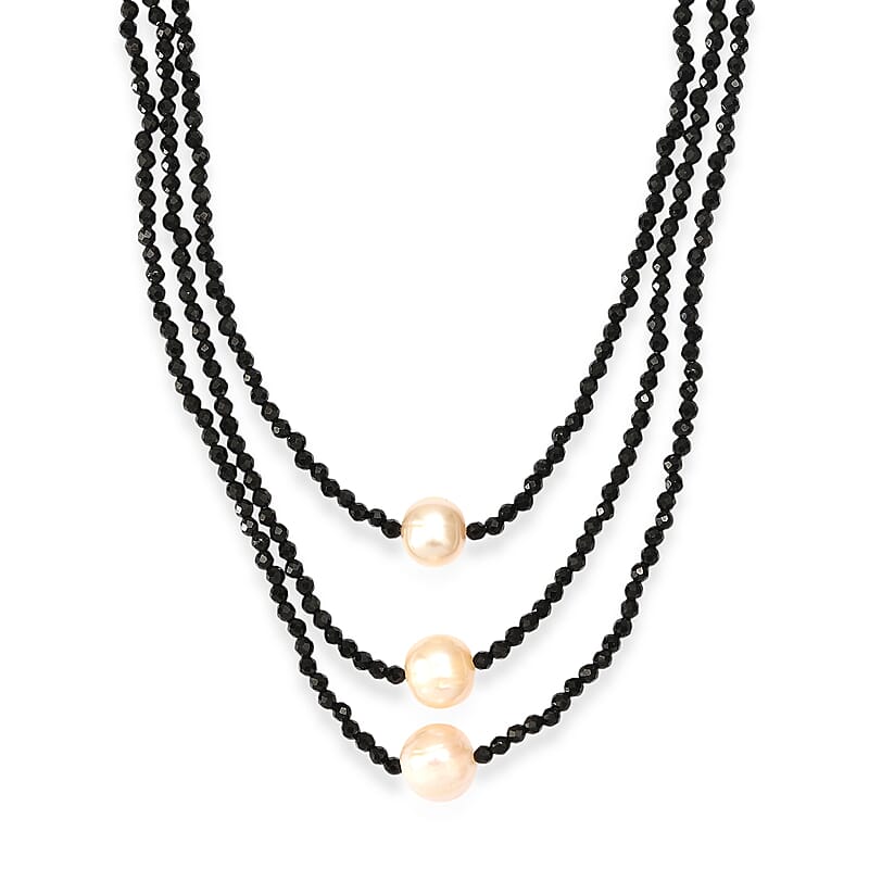 EverTrue Thai Black Spinel Beaded 70.00 ctw and Freshwater Pearl 3 Layered Necklace (20 Inches) in Stainless Steel