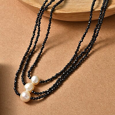 EverTrue Thai Black Spinel Beaded 70.00 ctw and Freshwater Pearl 3 Layered Necklace (20 Inches) in Stainless Steel
