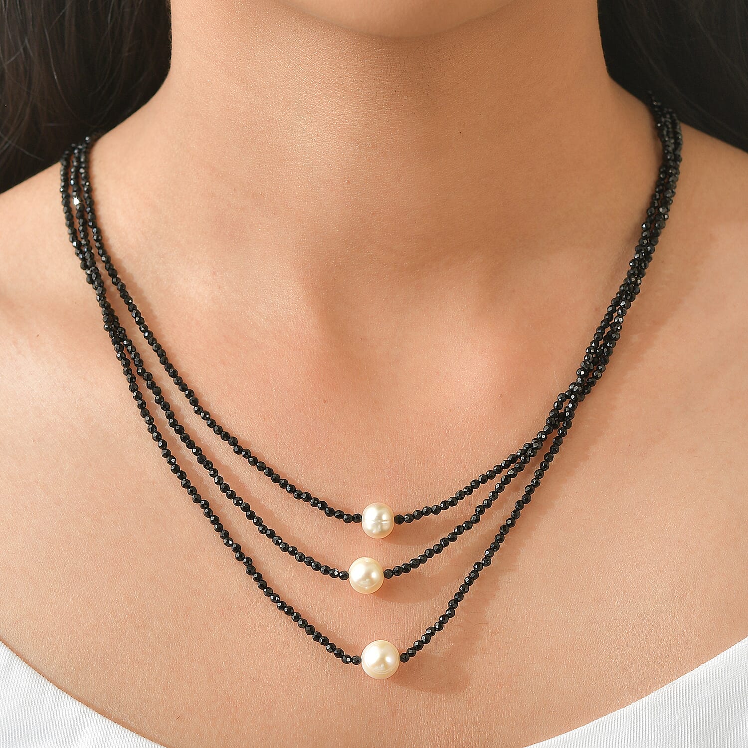 EverTrue Thai Black Spinel Beaded 70.00 ctw and Freshwater Pearl 3 Layered Necklace (20 Inches) in Stainless Steel